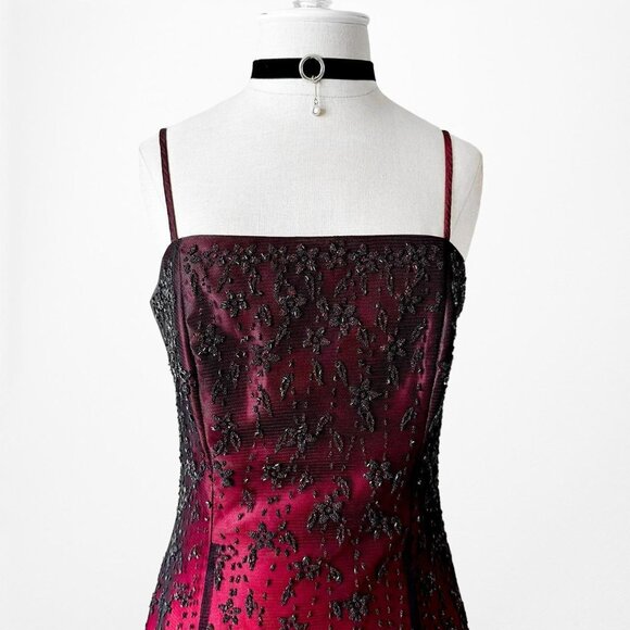 Vintage Burgundy Red Floral Beaded Ombre Mesh Satin Fit Flared Maxi Prom Dress L - Picture 6 of 7